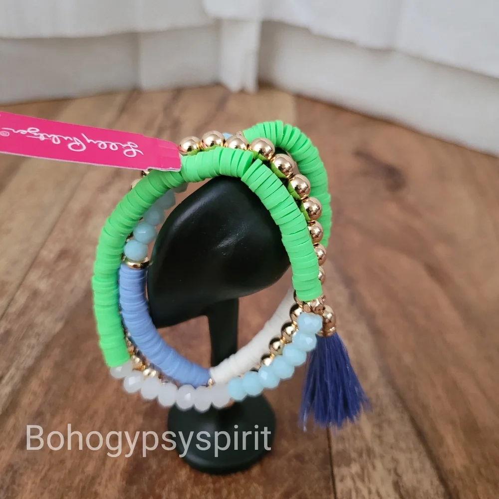 $58 Lilly Pulitzer Gold Tone Colorful Triple Strand Tassel Stretch Bracelet